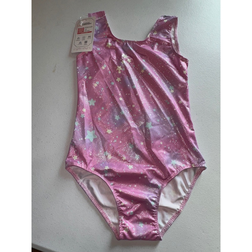 Girls Pink Metallic Star Gymnastics Leotard Shimmer Dance Bodysuit Size 120 NWT